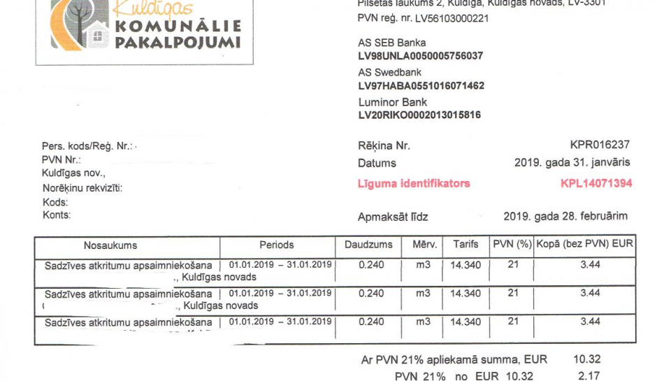 Apmaksājot rēķinu, jānorāda līguma identifikators